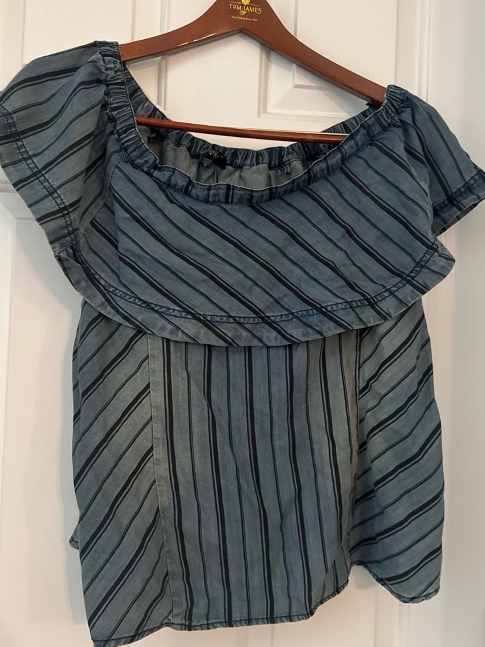 Velvet Heart Slate Blue Striped Off-Shoulder Top